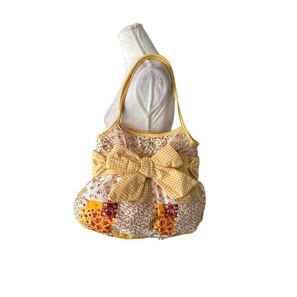 Yellow Floral Patchwork Shoulder Bag With Gingham Bow By Chateau Vintage Read - Picture 12 of 12